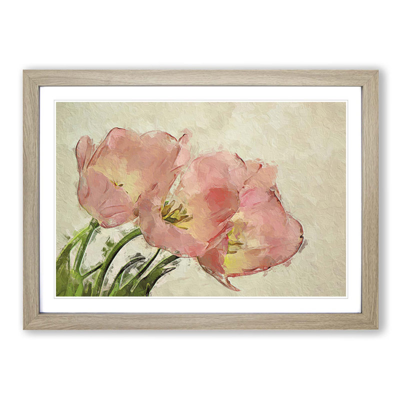 Pink Tulip Art in Abstract - Picture Frame Painting Print, 27cm H x 36cm W x 2cm D, Oak Framed