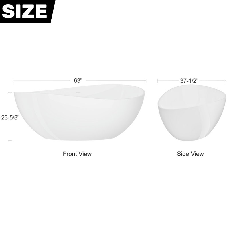 63"X37.5" Solid Surface Stone Resin Freestanding Soaking Bathtub, Glossy White