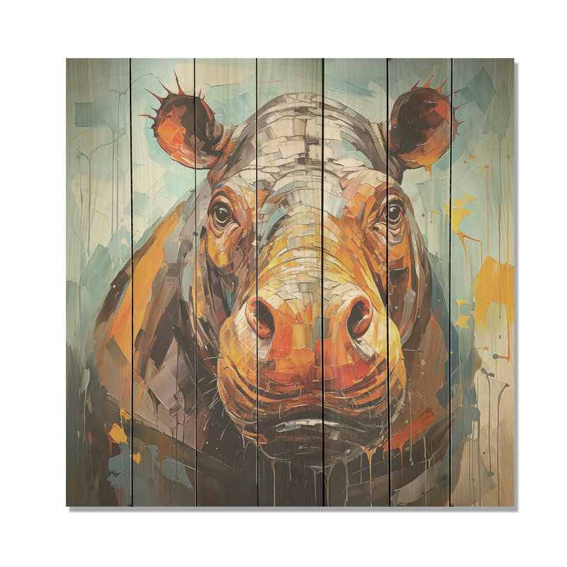 Hippopotame I - Hippopotame sur bois, H 30 po x l 30 po