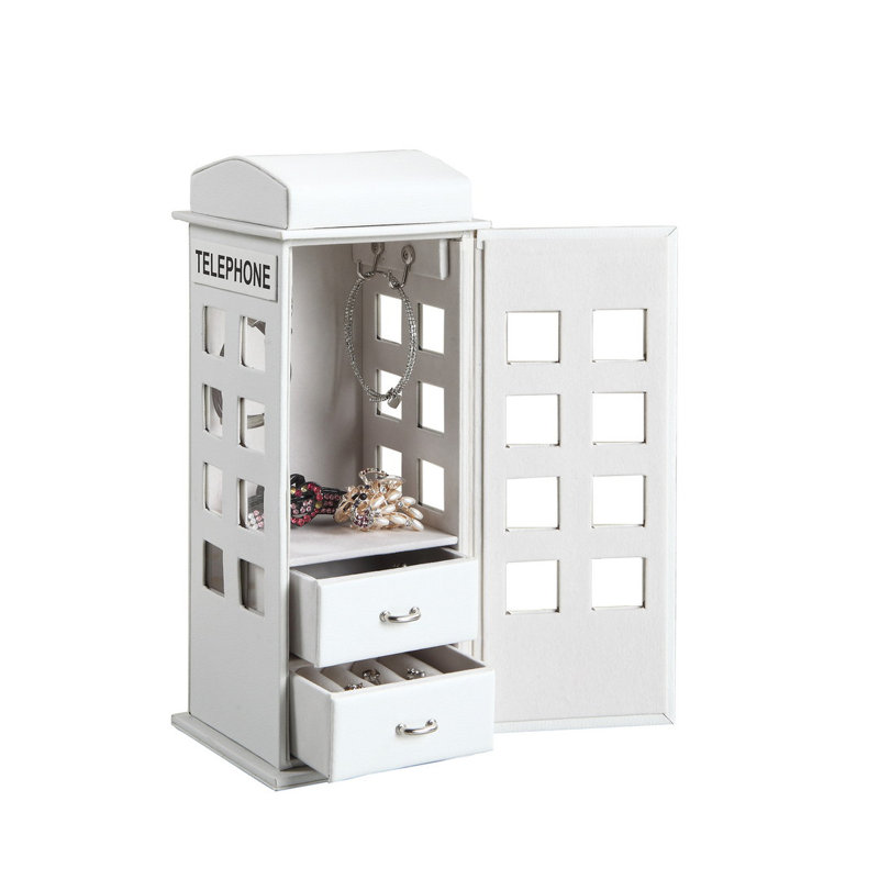 Grande boîte à bijoux en cuir 11,5 po, conception de téléphone britannique, Blanc