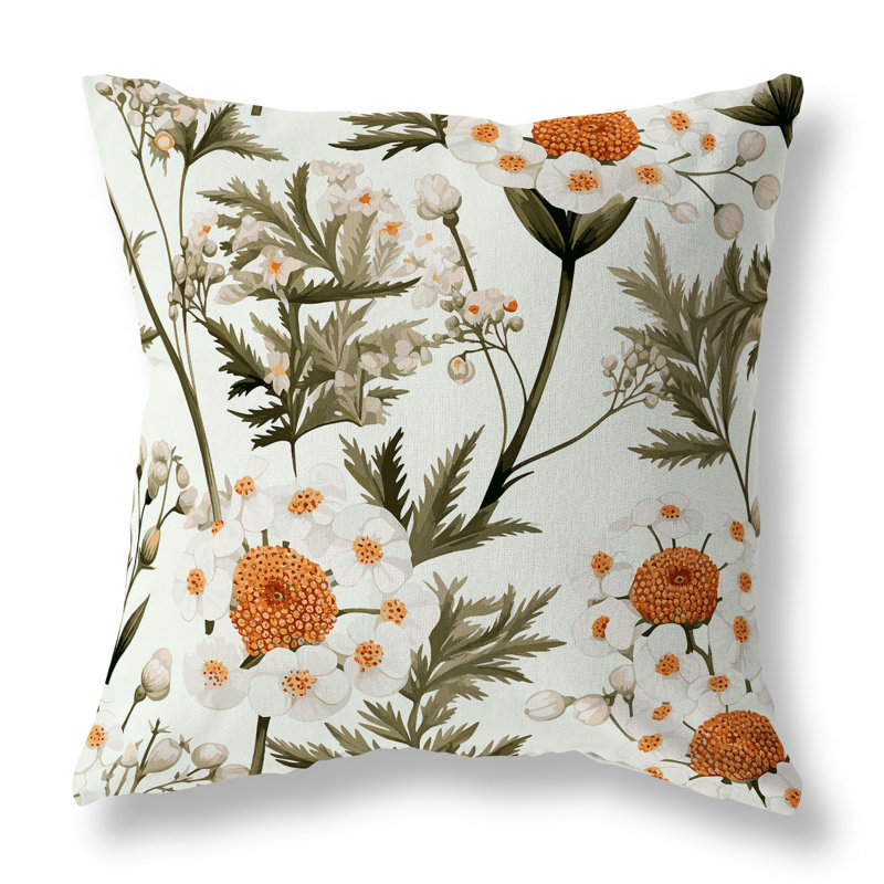 Coussin Millefolium, H 18 po x l 18 po, Blanc / orange / olive