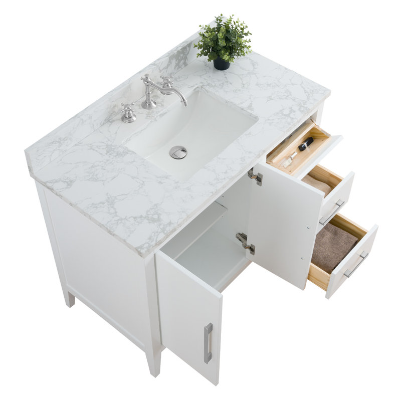 Meuble-lavabo simple 42 po avec plateau en marbre, Nickel brossé, Blanc