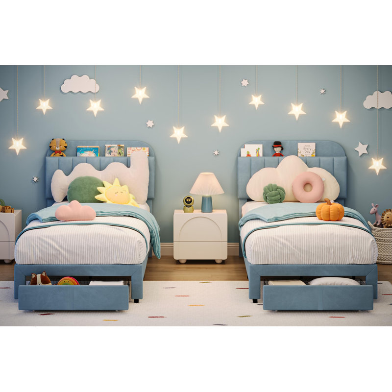 Ensemble de 2 cadres de lit simple pour enfants - lit plateforme tapissier avec grand tiroir de rangement et tête de lit bibliothèque, revêtement en velours, silencieux, assemblage facile, aucun sommier tapissier requis, bleu
