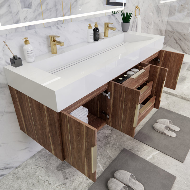 Ensemble de meuble-lavabo double mural l 59 po x P 19,75 po x H 22,25 po Glasgow, Blanc, Chêne blanc foncé