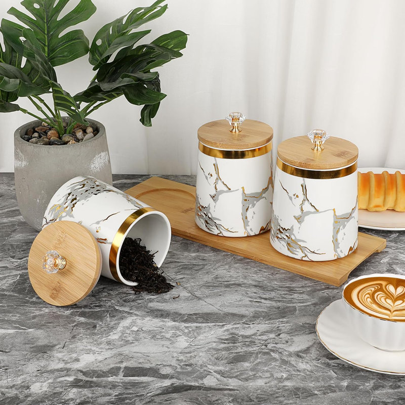 Set Of 3 Canisters Set For Sugar Coffee Tea With Airtight Lid, Ceramic Storage Containers Sets White Storage Pots With Tray Storage Jar Decorative Canisters Sets For For Kitchen Counter