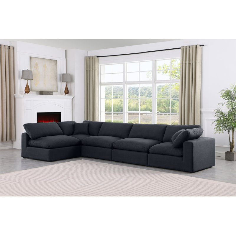 Canapé modulaire 5 pièces rembourré, Tissu texturé en lin noir