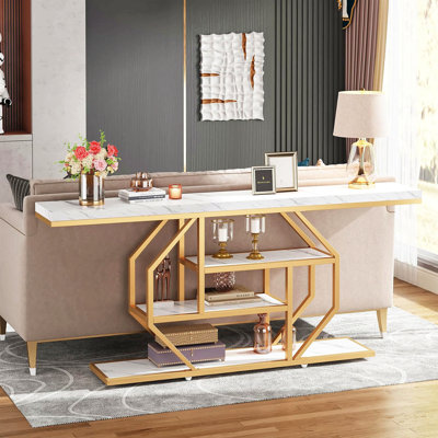 Table d'appoint 70,9 po, canapé doré moderne derrière le canapé avec rangement à 4 niveaux, table d'appoint en faux marbre blanc pour le salon, le couloir et l'entrée