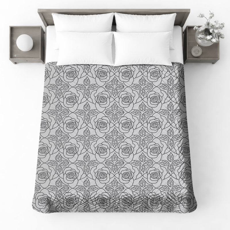 Floral Rose Pattern Quilted Thin Bedspread, King