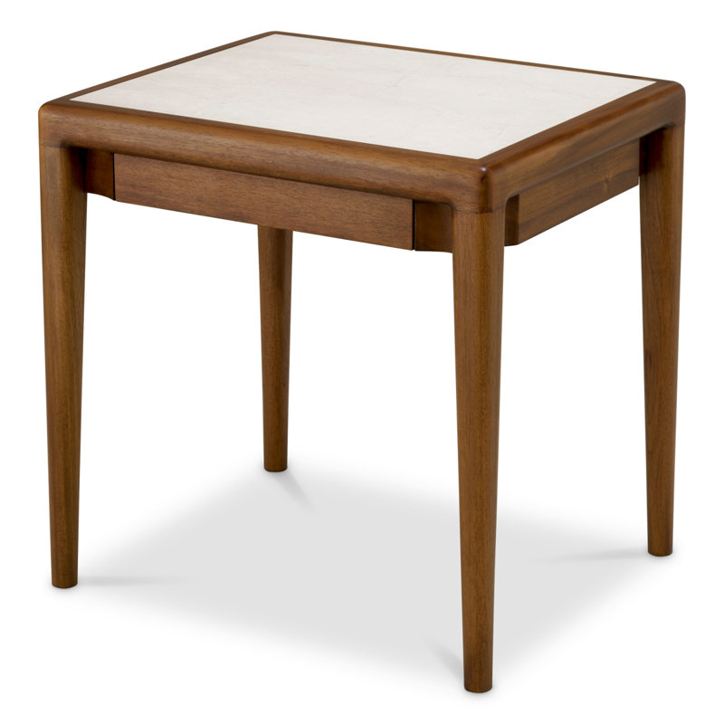 Side Table Hensley Square Mahogany Wood Caramel Finish Beige Marble