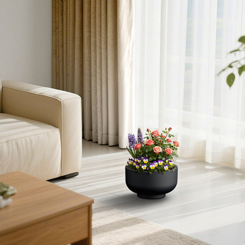 13.5"W x 7.5" H Medium Dark Charcoal Concrete Planter / Pot Lightweight Planter Bowl with Drainage Holes, Matte Black