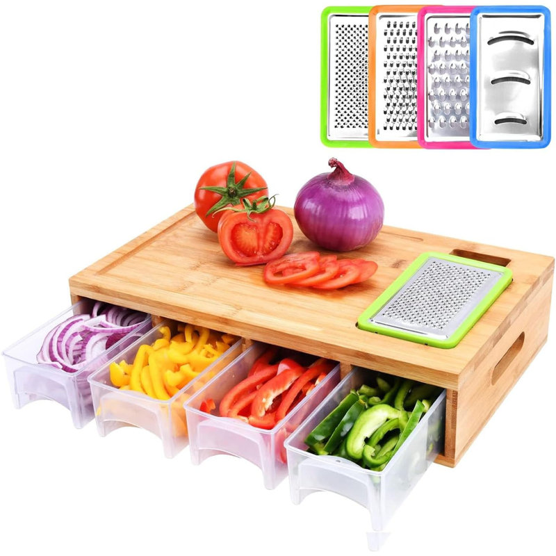 Versatile Bamboo Cutting Board With 4 Containers And Graters - Large Chopping Board With Juice Grooves, Easy-Grip Handles