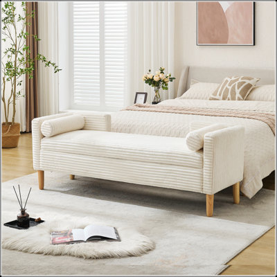 65.35"Wide Upholstered Flip-Top Storage Accent Bed Bench, Corduroy Footrest Ottoman With Armrests&Backrest&2 Bolster Pillows Wood Legs For Living Room, End Of Bed, Hallway, Entryway Bedroom