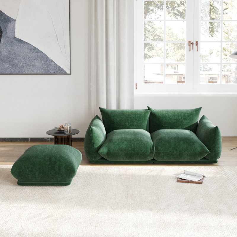Minarik 2-Seat Chenille Fabric Upholstered Round Arm Sectional Loveseat With Ottoman, Green