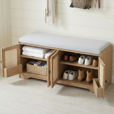 Banc à chaussures en rotin avec coussin amovible et tablettes réglables