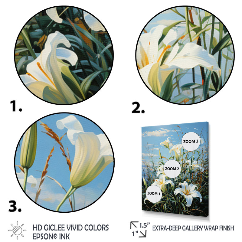 «White Blue Lilies Field Pointillism Dot», reproduction sur toile encadrée, H 44 po x l 34 po x P 1,5 po, Blanc