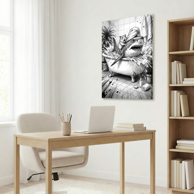 Shark In Bathtub With Mouse Canvas Wrapped Wall Art Oil Painting Print Set Of 1