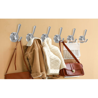 Heavy Duty Double Wall Hooks, 6 Pack Brushed Nickel Coat And Robe Hooks, Durable Metal Towel Hooks For Bathroom, Kitchen, Closet, And Garage
