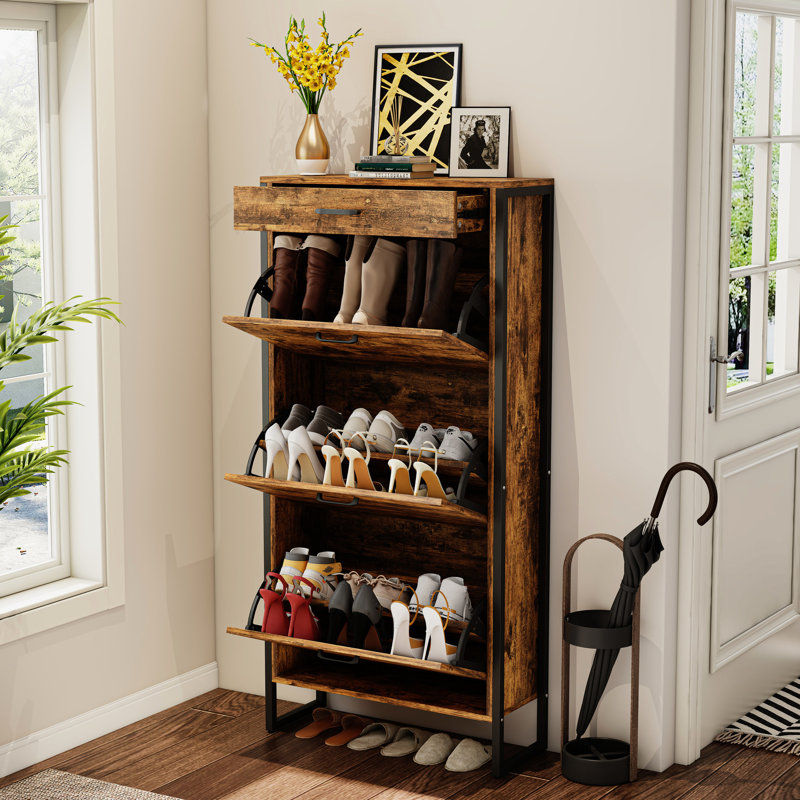 Rangement à chaussures rustique brun avec poignée et tiroir en métal pour l'organisation du vestibule Armoire 3 tiroirs dans le salon, étable