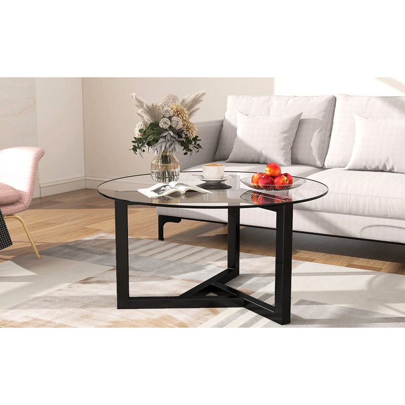 Table de salon en verre trempé noir, table de thé noire simple avec base en bois, 18.01" H x 35.17" L x 36.44" W, Noir