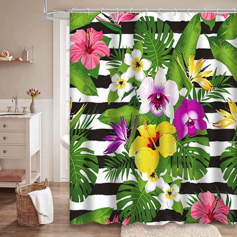 Rideau de douche imperméable rayé à motif floral hibiscus tropical avec 12 crochets, L 72 po x l 72 po