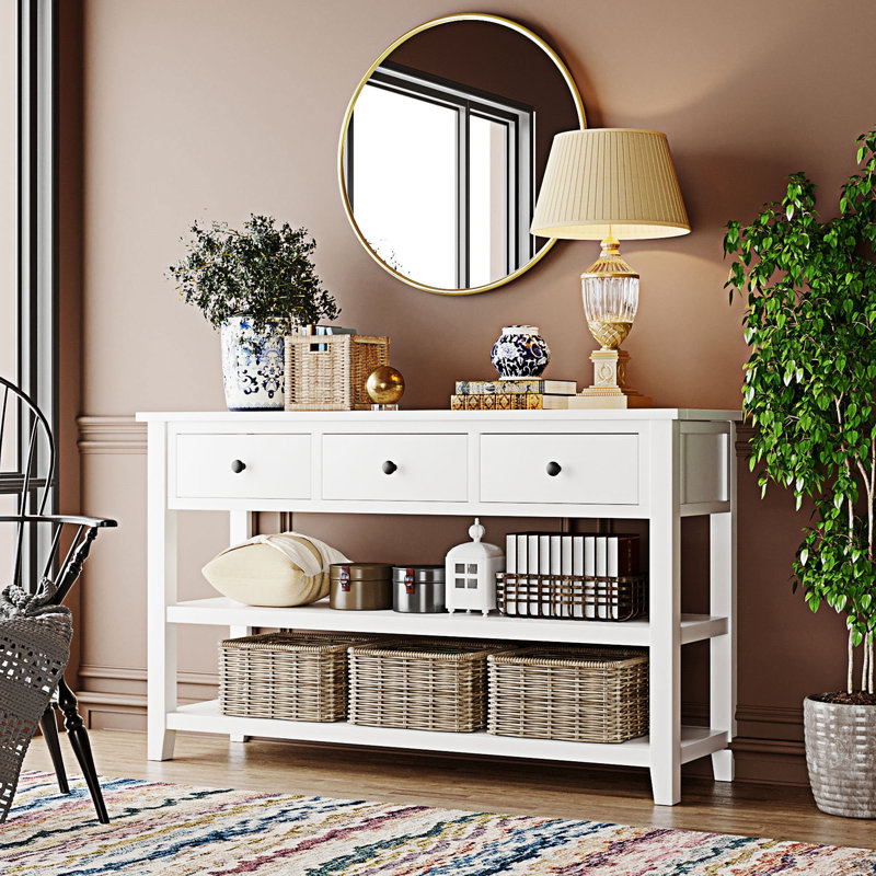 Console avec tablettes ouvertes, Blanc antique, Blanc antique