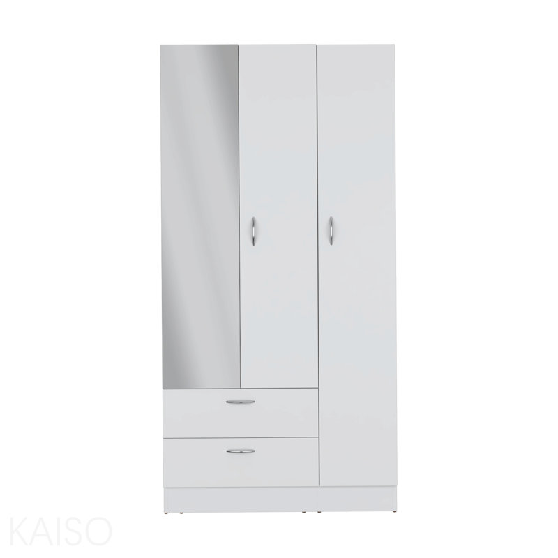 Armoire à miroir 3 portes avec deux tiroirs, quatre tablettes et tringle blanche