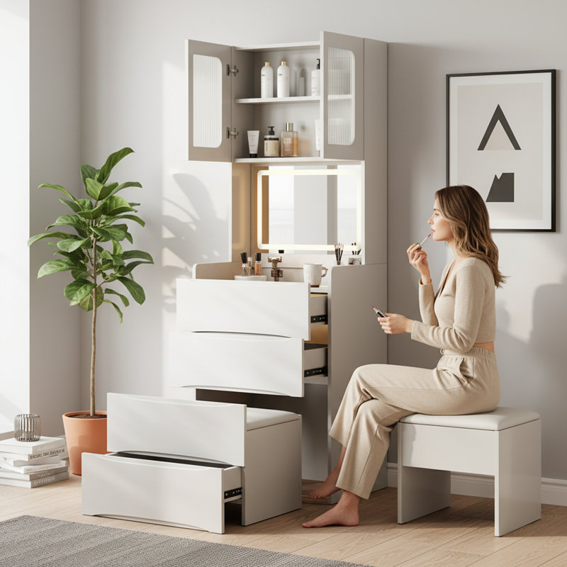 Table de coiffeuse blanche 3-en-1 avec miroir à DEL et tabouret de rangement