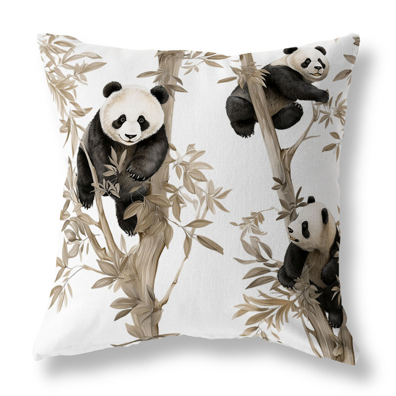 Oreiller réversible intérieur / extérieur Climbing Panda, H 18 po x l 18 po, Noir / beige