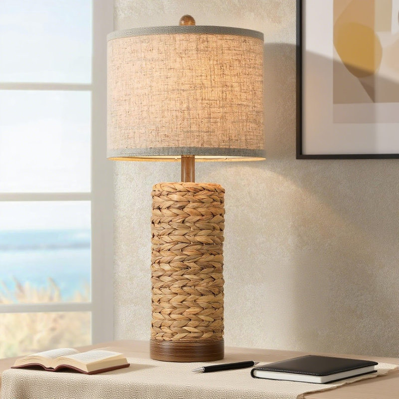 Lampe de table en rotin avec 2 ports USB, base en ruppie maritime faite à la main, lampe de chevet de ferme pour salon, chambre à coucher, table de bout, douille E26, interrupteur rotatif