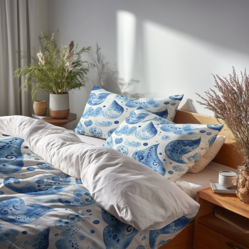 Ensemble de 6 édredons Boho - Nuage de cachemire bleu et blanc contemporain avec taies et coussins Boho