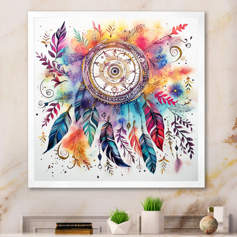 Rainbow Boho Dreamcatcher, aquarelle encadrée sur toile, Cadre simple blanc, H 24 po x l 24 po x P 1 po