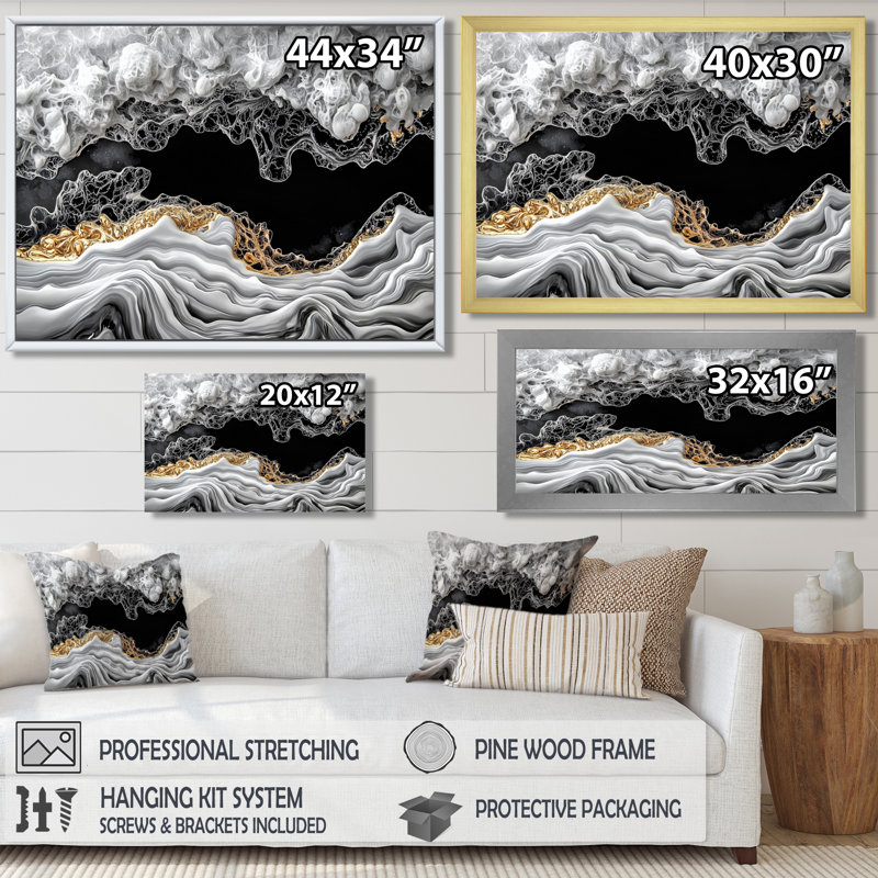  Or et noir abstrait brise de mer vagues I - salon d'art mural côtier, H 12 po x l 20 po, Black