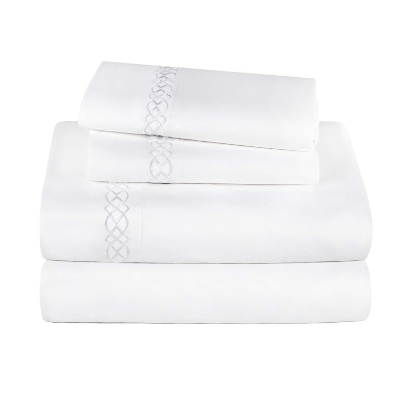 Ensemble de literie en coton 1000 fils Infinity Scroll, Blanc / blanc, Ensemble de draps pour très grand lit + un drap-h