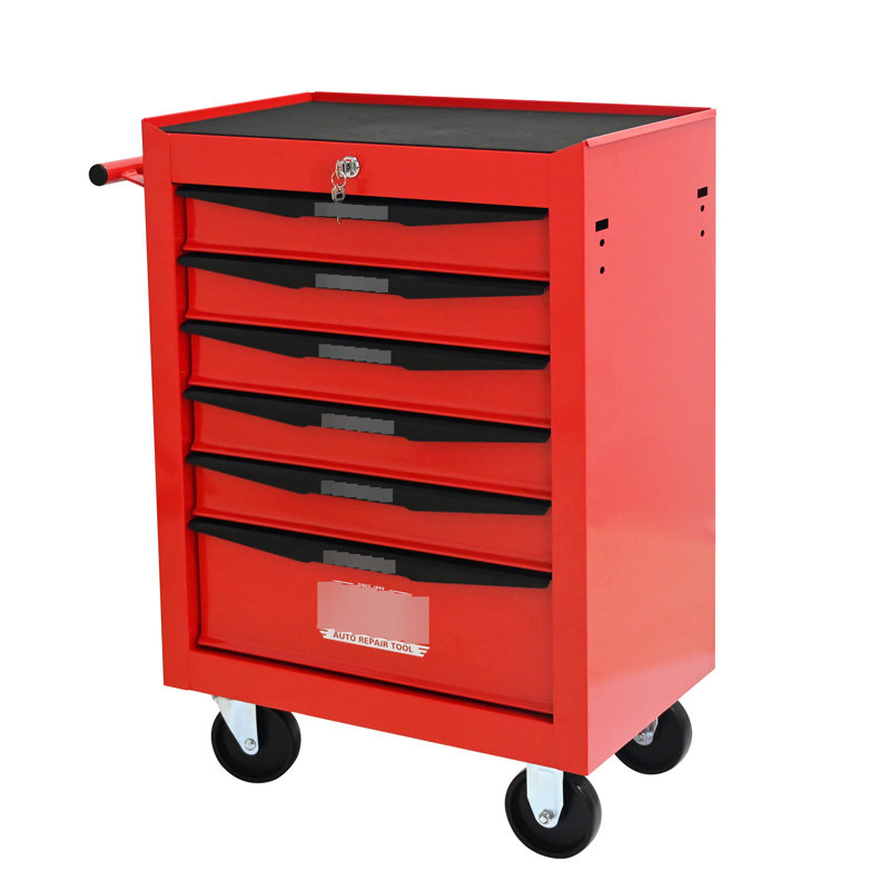 Chariot à outils à 6 tiroirs, 4, construction en acier, verrouillage par clé, comptoir lisse, acier rouge et noir 20,71 x 12,76 x 26,08 pouces, roues universelles