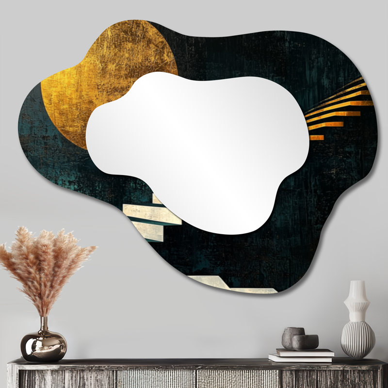 Gold And Black Moon Boundless Reverie I - Geometric Asymmetrical Wall Mirror, Modern Vanity Mirror, Printed on Metal
