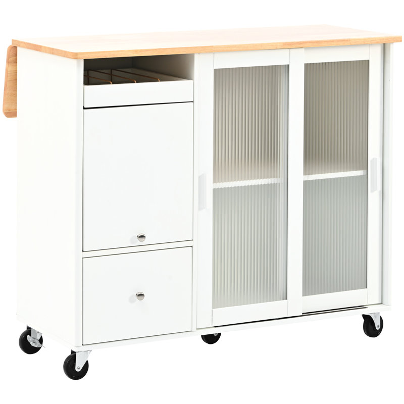 Îlot de cuisine blanc avec abattant, lumières à DEL, 2 portes coulissantes en verre, 1 porte d'armoire rabattable, tablette réglable, tiroirs (modernes) (grands tiroirs cannelés de style scandinave)