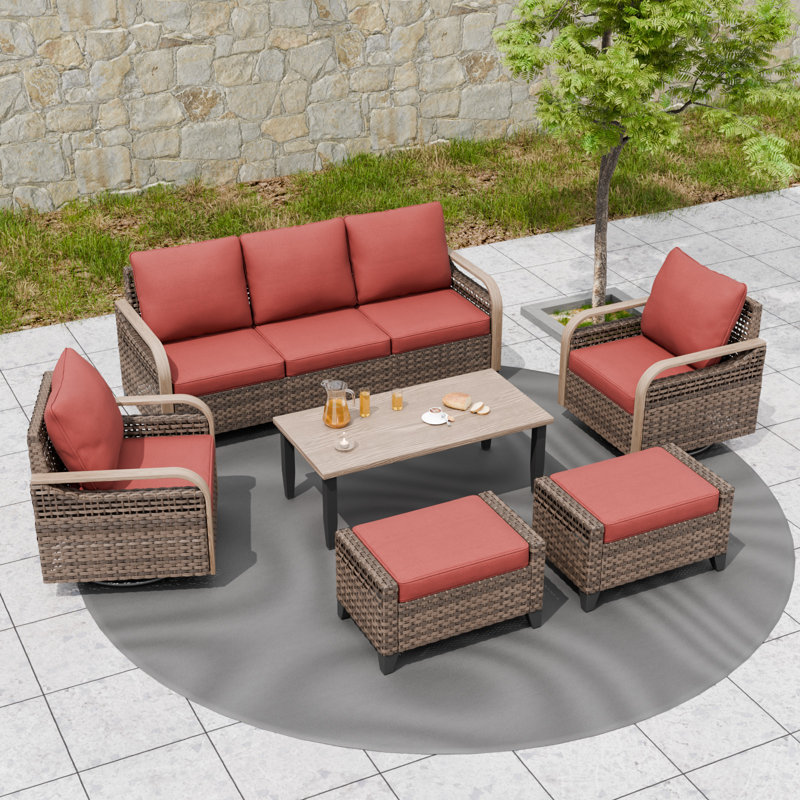 Wicker 5 - Person Modular Patio Conversation Set with Cushions, Red