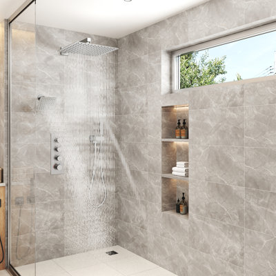 Système de douche de luxe à 3 fonctions avec deux pommes de douche à effet pluie (valve brute incluse)