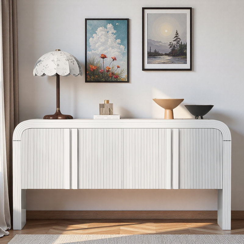 Console avec 4 portes ondulées et tablettes réglables, Blanc
