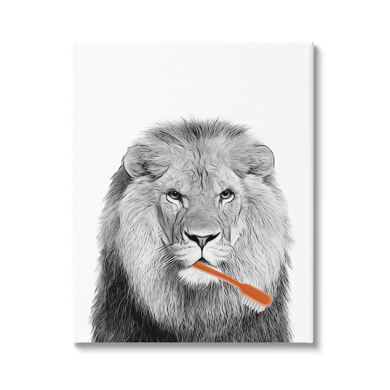 Lion, brossant les dents, salle de bain sur toile, impression, H 48 po x l 36 po x P 1,5 po