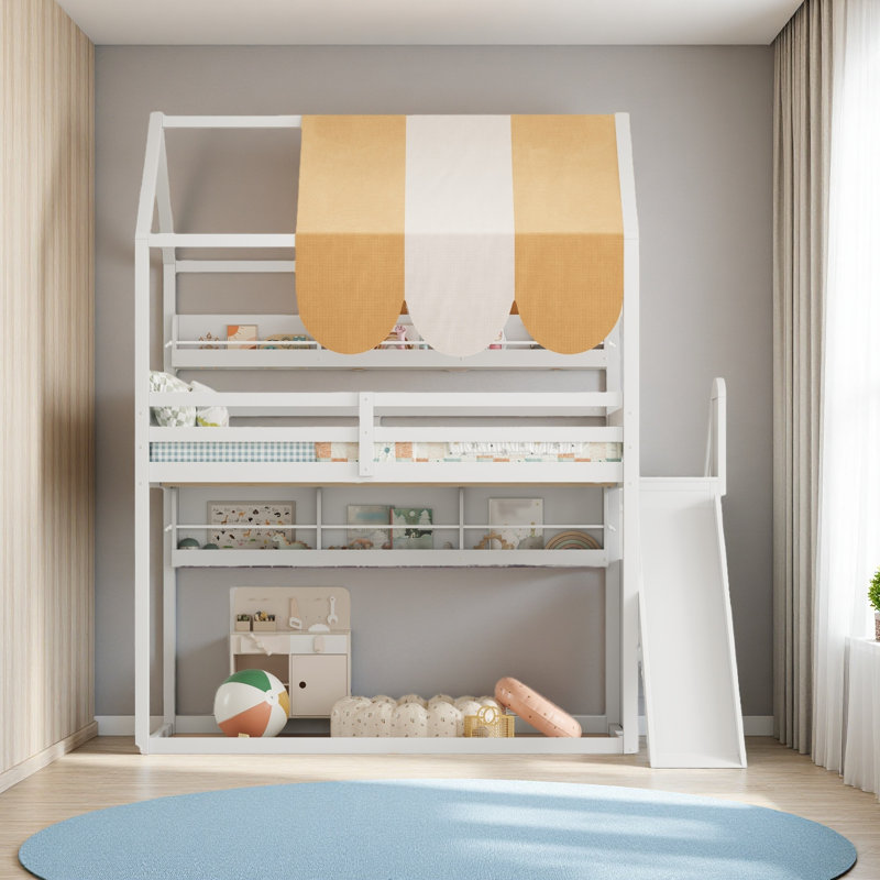 Full Size House Bed With Canopy, Slide & Built-In Bookshelves, White