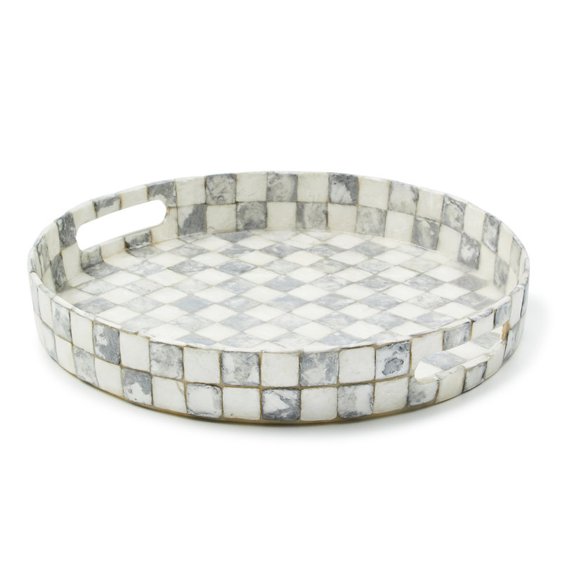 Check Capiz Round Tray, Gray/White