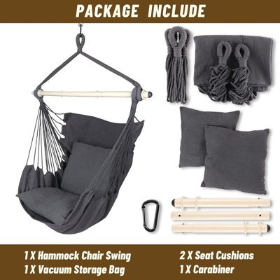 Balançoire suspendue pour hamac - 500 lb maximum - 2 coussins inclus - Barre d'écartement en acier avec anneaux antidérapants - Pour tout espace intérieur ou extérieur (gris)