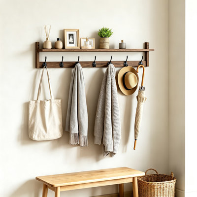 Porte-manteau mural avec tablette, étagère suspendue en bois pour entrée avec deux crochets pour chapeaux, sacs, clés, parapluies, organisateur de rangement rustique pour couloir, salle de bain, chambre, buanderie