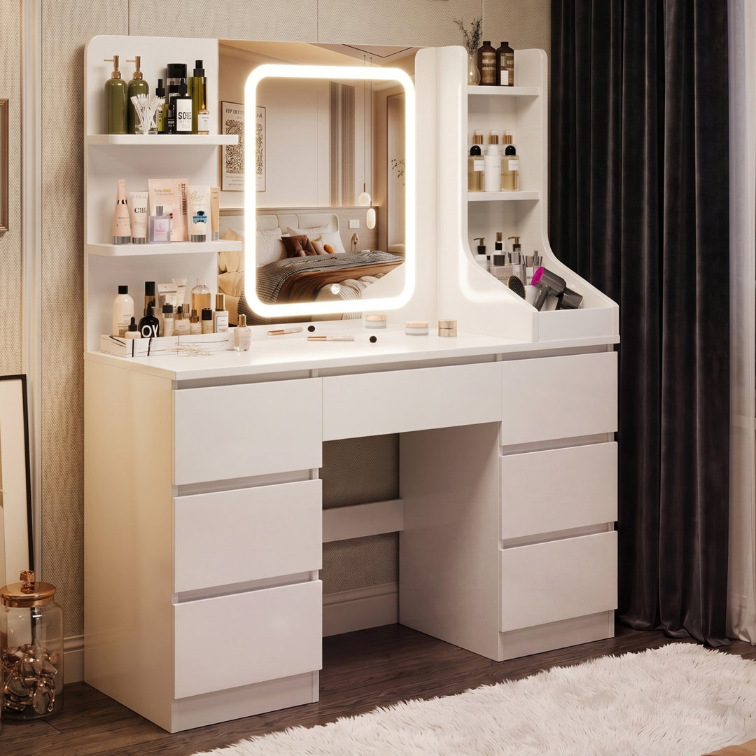 LED Dressing table 7 Drawers and 7 Storage Shelves Dressing Table With Mirror Large Desktop Makeup Desk