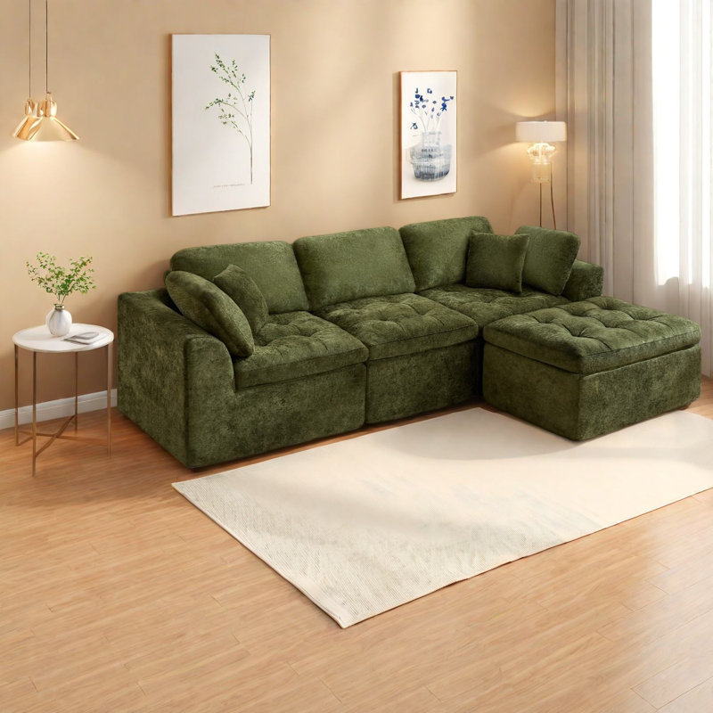 Canapé modulaire moderne en chenille vert, canapé en L spacieux pour la maison