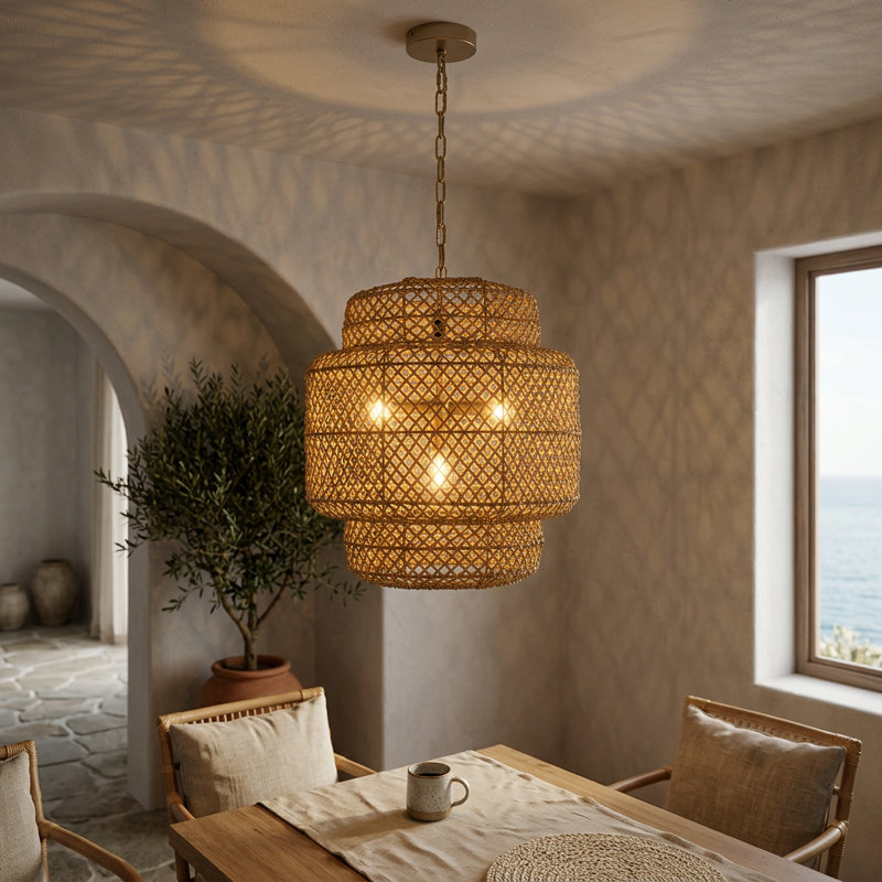 Clair 4-Light Handwoven Tiered Rattan Chandelier, Modern Organic Coastal Pendant