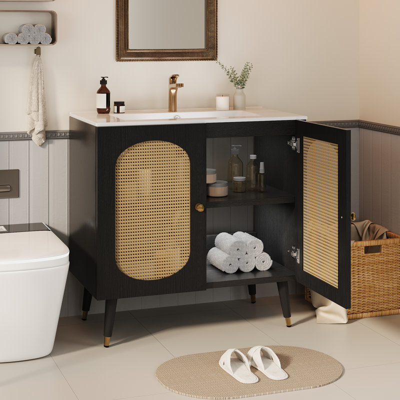 36" Freestanding Rattan Bathroom Vanity With Ceramic Sink, Black
