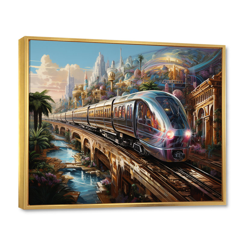 Abstract Colourful Train From The Future - Transportation Canvas Wall Art, Cadre flottant doré, H 16 po x l 32 po x P 1 po