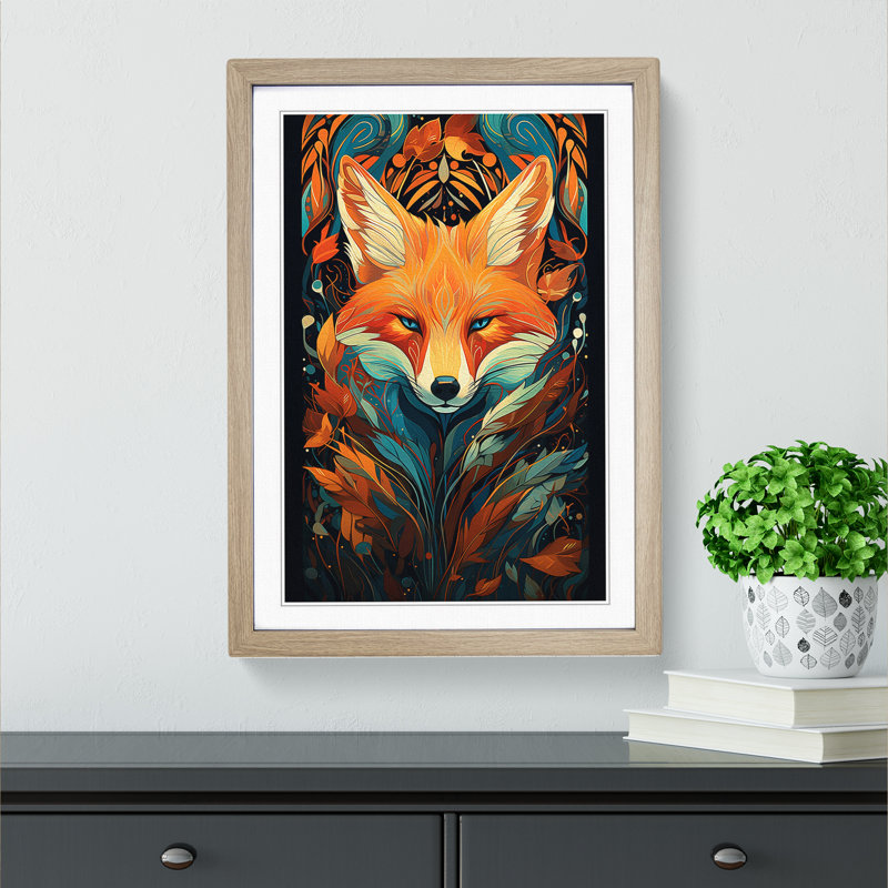 Fox Art Deco - Single Picture Frame Print on Wood, Oak Framed, 34cm H x 25cm W